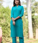 KAAJH Teal Green Solid Cotton Casual Kurta 