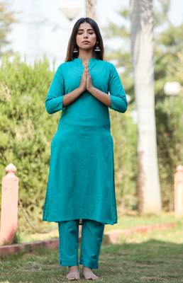 KAAJH Teal Green Solid Cotton Casual Kurta  5