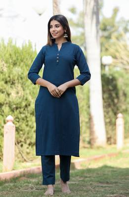 KAAJH Navy Blue Solid Cotton Casual Kurta  1