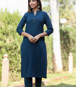 KAAJH Navy Blue Solid Cotton Casual Kurta 