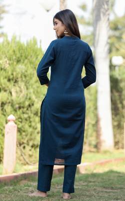 KAAJH Navy Blue Solid Cotton Casual Kurta  2