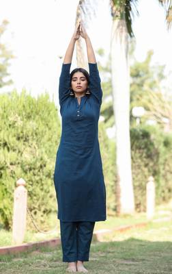 KAAJH Navy Blue Solid Cotton Casual Kurta  3