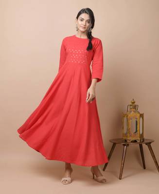 KAAJH Red Sequin Cotton Anarkali Kurta 5