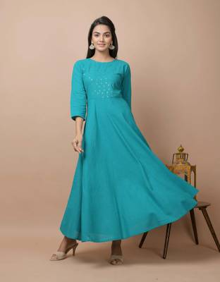 KAAJH Teal Green Sequin Cotton Anarkali Kurta 3