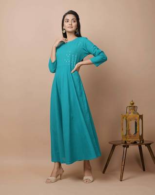 KAAJH Teal Green Sequin Cotton Anarkali Kurta 4