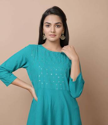 KAAJH Teal Green Sequin Cotton Anarkali Kurta 5