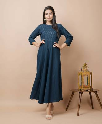 Blue plain cotton long-kurtis 1