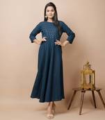 Blue plain cotton long-kurtis