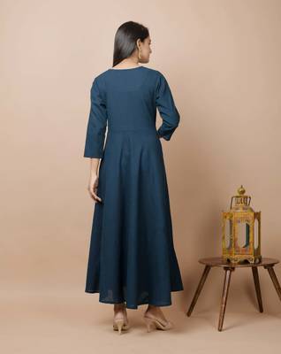 Blue plain cotton long-kurtis 2