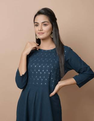 Blue plain cotton long-kurtis 3