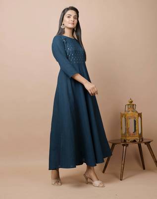 Blue plain cotton long-kurtis 4