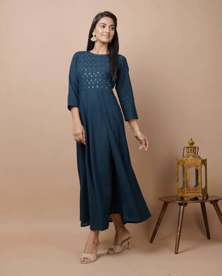 Blue plain cotton long-kurtis 5