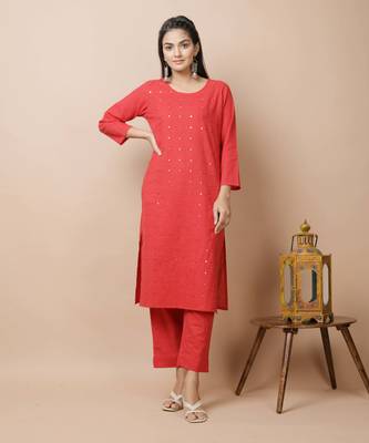KAAJH Red Mirror Cotton Casual Kurta 1