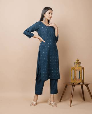KAAJH Navy Blue Mirror Cotton Casual Kurta 3
