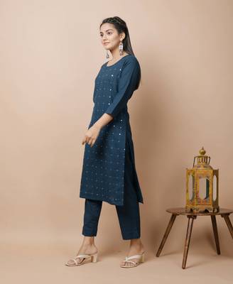KAAJH Navy Blue Mirror Cotton Casual Kurta 4