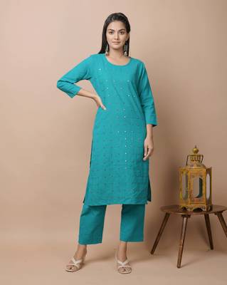 KAAJH Teal Green Mirror Cotton Casual Kurta 1
