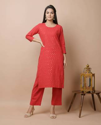 KAAJH Red Sequin Cotton Casual Kurta 1
