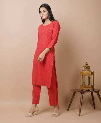 KAAJH Red Sequin Cotton Casual Kurta 2