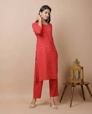 KAAJH Red Sequin Cotton Casual Kurta 3