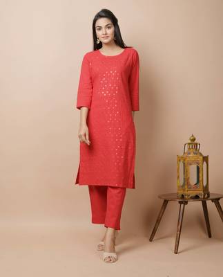 KAAJH Red Sequin Cotton Casual Kurta 4