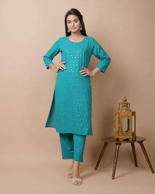 Teal-green plain cotton cotton-kurtis 1