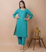 Teal-green plain cotton cotton-kurtis