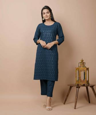 KAAJH Navy Blue Sequin Cotton Casual Kurta  1