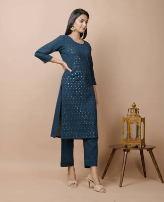 KAAJH Navy Blue Sequin Cotton Casual Kurta  2