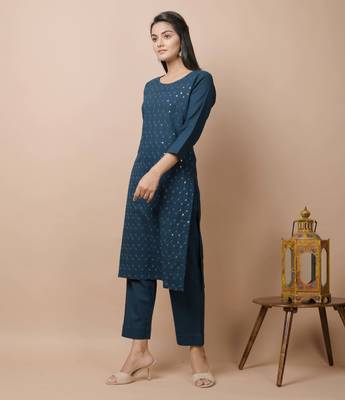 KAAJH Navy Blue Sequin Cotton Casual Kurta  3