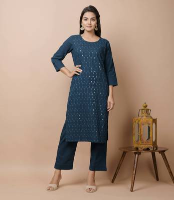KAAJH Navy Blue Sequin Cotton Casual Kurta  4