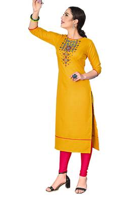 yellow embroidered cotton kurti 2