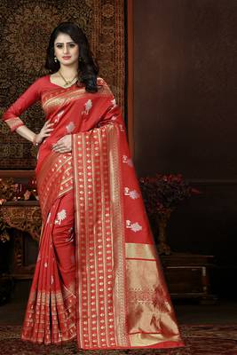 Red woven art silk saree with blouse 1