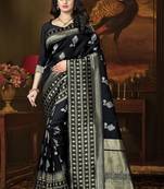 Black woven art silk saree with blouse
