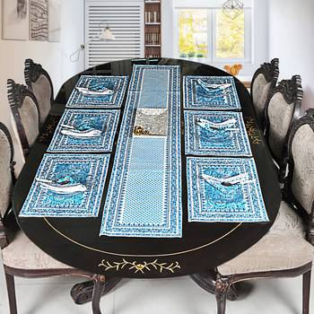 Modern Style Cotton Table Top Decorative Tapestry With 6 Piece of Table Mats ( Size: Runner: 72 X 12,Mats: 18 X 12 Inch) 1