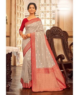 Sangam Prints Grey Chanderi Cotton Woven Work Traditional Saree 1