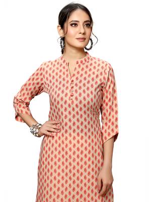Beige printed cotton ethnic-kurtis 5