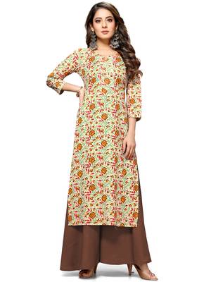 Rajnandini Beige printed cotton ethnic-kurtis 1