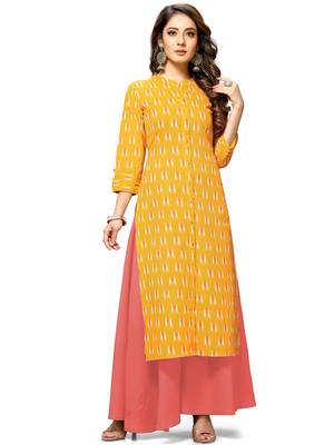 Yellow printed cotton ethnic-kurtis 3