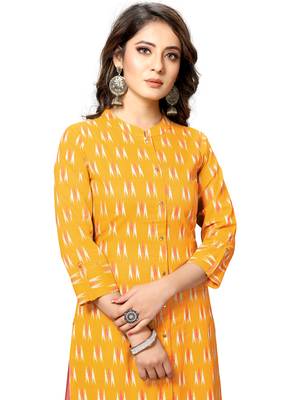 Yellow printed cotton ethnic-kurtis 5