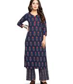Navy-blue printed cotton ethnic-kurtis