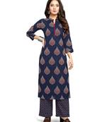Navy-blue printed cotton ethnic-kurtis