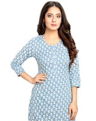 Sky-blue printed cotton ethnic-kurtis 5