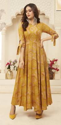 Sajnee Yellow Rayon Foil Printed Designer Gown Style Kurti 1