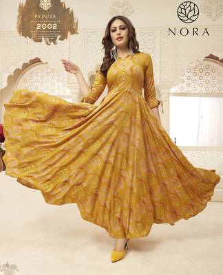 Sajnee Yellow Rayon Foil Printed Designer Gown Style Kurti 2