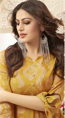 Sajnee Yellow Rayon Foil Printed Designer Gown Style Kurti 3