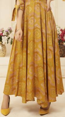 Sajnee Yellow Rayon Foil Printed Designer Gown Style Kurti 4