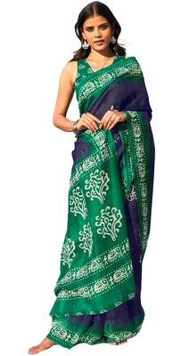 Navy blue printed cotton saree with blouse 1