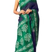 Navy blue printed cotton saree with blouse