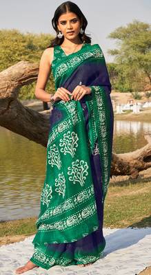Navy blue printed cotton saree with blouse 2
