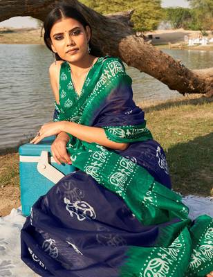 Navy blue printed cotton saree with blouse 3
